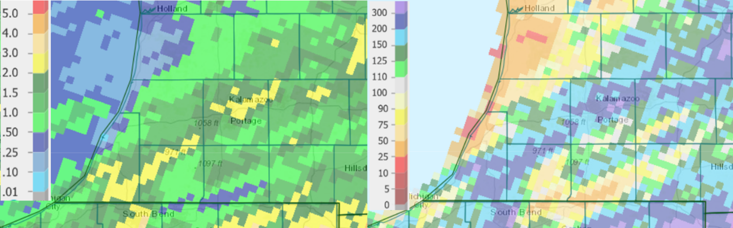 Precipitation totals (left) and percent of normal (right) for the past seven days as of July 15.